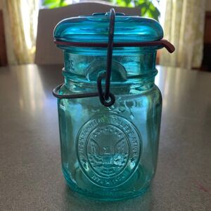 VTG 1776-1976 Ball Ideal Bicentennial Aqua Blue Mason Jar Wire Bail Lid Eagle